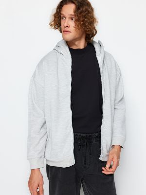 Melanžinis medvilninis džemperis su gobtuvu oversize Trendyol