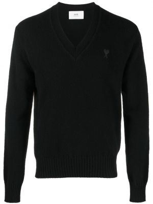 Плетен пуловер с v-образно деколте Ami Paris черно