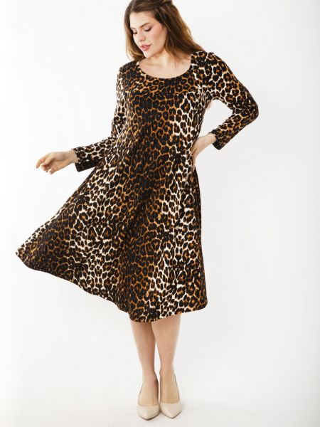 Dolga obleka z leopardjim vzorcem z dolgimi rokavi şans rjava