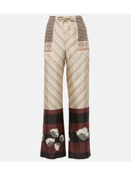 Pantaloni di raso di seta con stampa Loewe beige