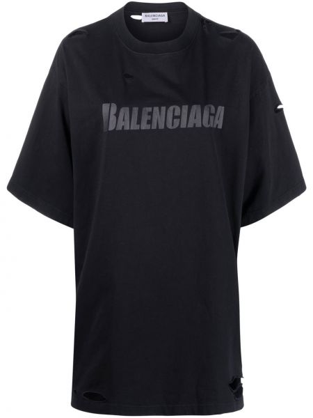 Тениска с протрити краища с принт Balenciaga черно