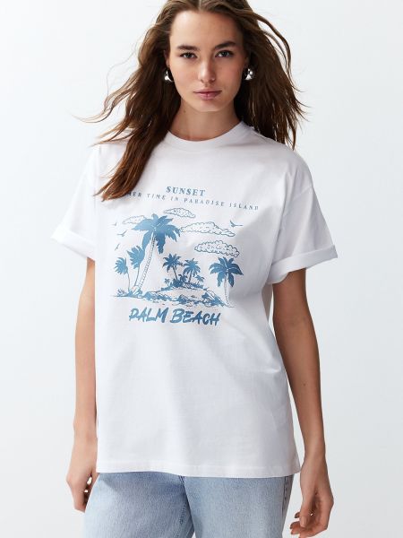 Oversized kötött póló nyomtatás Trendyol fehér