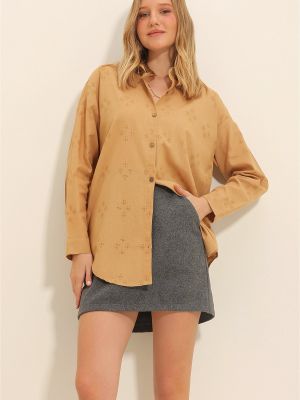 Lniana koszula oversize Trend Alaçatı Stili brązowa