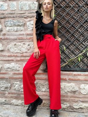 Spodnie z wysoką talią z kieszeniami plisowane Trend Alaçatı Stili czerwone