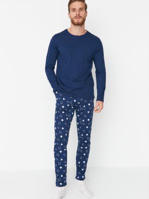 Pijamale din bumbac tricotate cu imagine Trendyol albastru