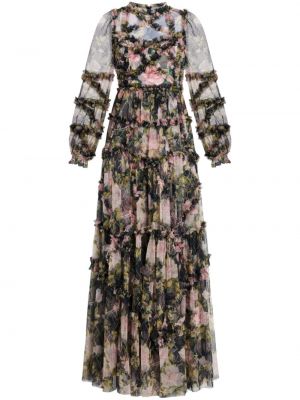Sukienka koktajlowa w kwiatki z nadrukiem z falbankami Needle & Thread czarna