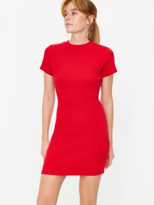 Плетена прилепнала мини рокля с къс ръкав Trendyol червено