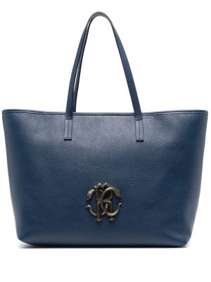 Кожени шопинг чанта със змийски принт Roberto Cavalli синьо