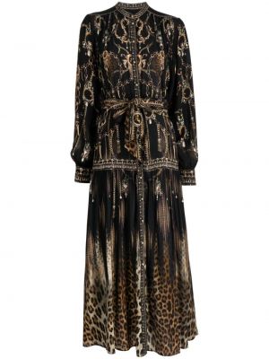 Hedvábné šaty s knoflíky s potiskem Camilla - černá