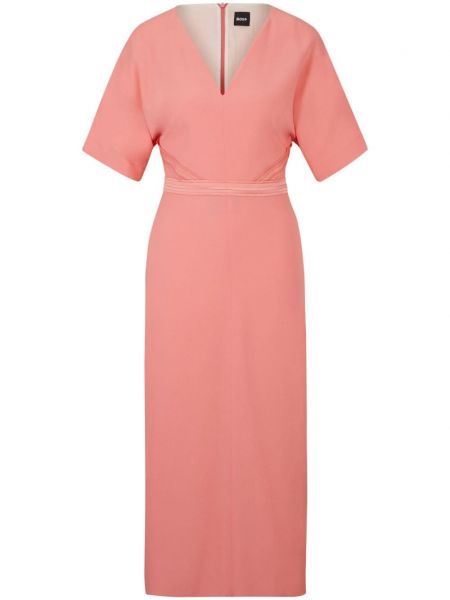 Μίντι φόρεμα με λαιμόκοψη v Boss ροζ