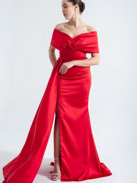 Вечерна рокля с лодка декольте Lafaba червено