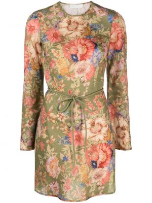 Lanena obleka s cvetličnim vzorcem s potiskom Zimmermann zelena