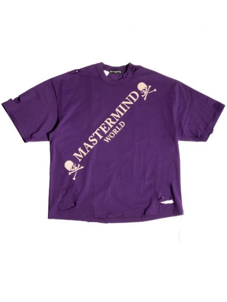 Тениска с протрити краища с принт Mastermind World виолетово
