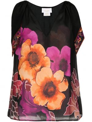 Floral ermeløs silke bluse Camilla svart