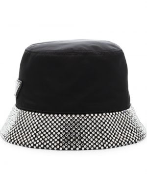 Nylonowy kapelusz z kryształkami Prada czarny