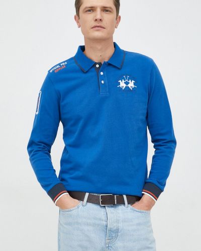 Bombažna majica z dolgimi rokavi z dolgimi rokavi La Martina modra
