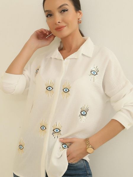 Λινό πουκάμισο με κέντημα με παγιέτες By Saygı