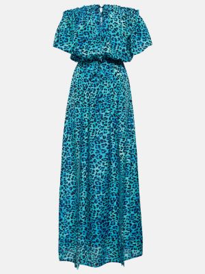 Hodvábne dlouhé šaty s potlačou s leopardím vzorom Anna Kosturova modrá
