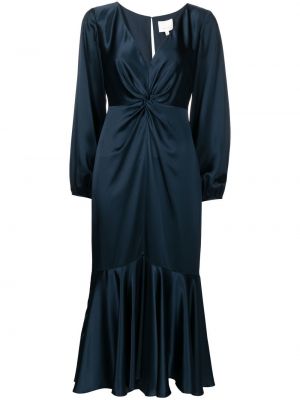Saténové večerní šaty s výstřihem do v s dlouhými rukávy Cinq A Sept - modrá