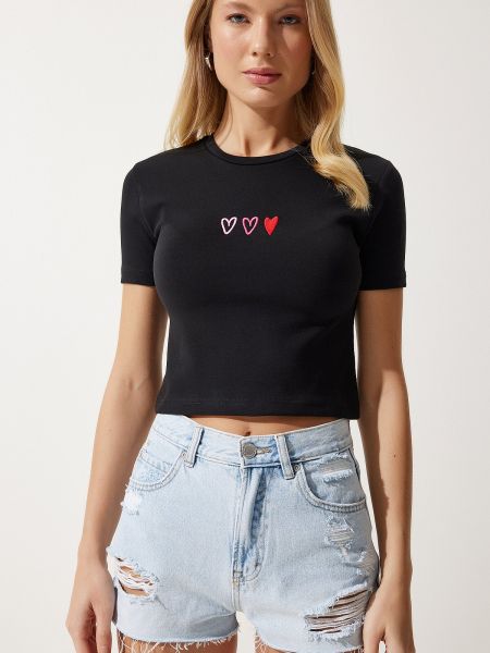 Pletena majica z vezenjem z vzorcem srca Happiness İstanbul črna