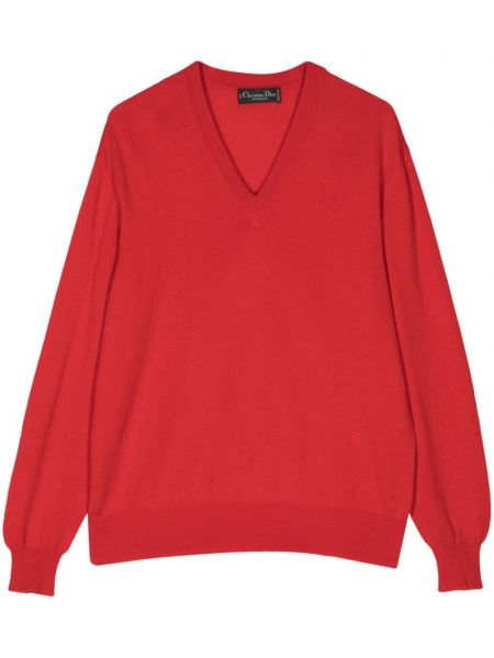 Sweter wełniany z dekoltem w serek Christian Dior Pre-owned czerwony