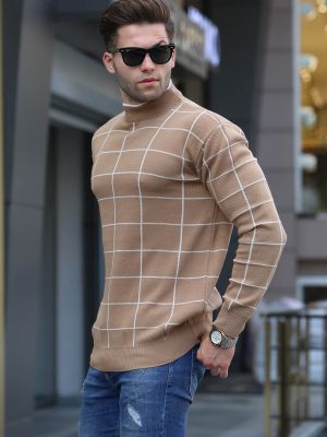 Кариран пуловер Madmext бежово