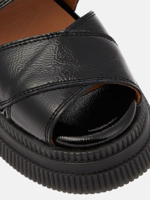 Sandales en cuir à plateforme vernis Ganni noir