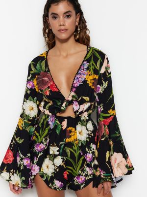 Bluză scurtă cu dungi cu model floral Trendyol