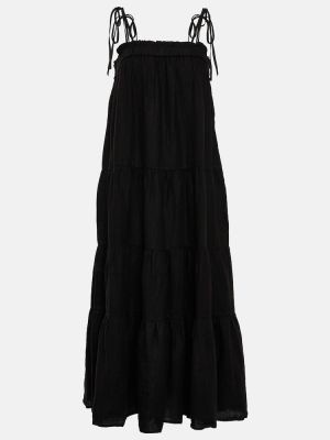Žametna lanena dolga obleka iz rebrastega žameta Velvet črna
