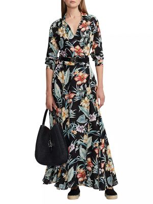 Льняное длинное платье в цветочек с принтом Ralph Lauren Collection черное