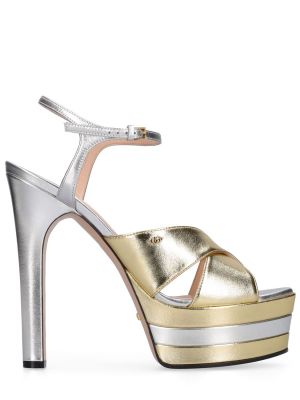 Sandale din piele cu platformă Gucci argintiu