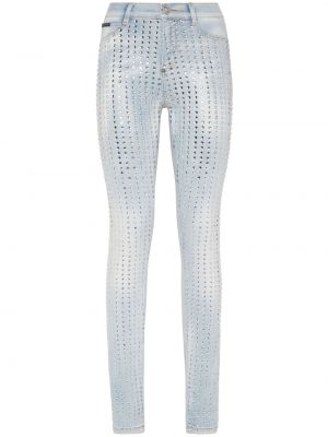 Jeansy skinny z wysoką talią w paski z kryształkami Philipp Plein niebieskie