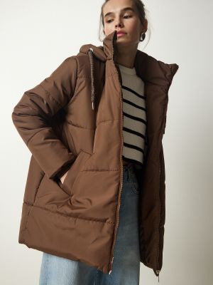 Pérový oversized kabát s kapucňou Happiness İstanbul hnedá