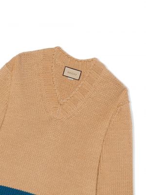 Sweter w paski z dekoltem w serek Gucci beżowy