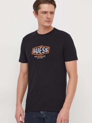 Bavlněné tričko s potiskem Guess černé