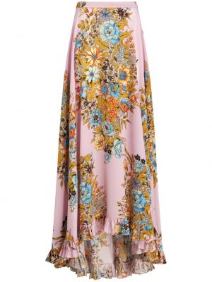 Květinové hedvábné dlouhá sukně s potiskem Etro růžové