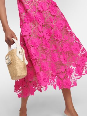 Φλοράλ μίντι φόρεμα με δαντέλα Oscar De La Renta ροζ
