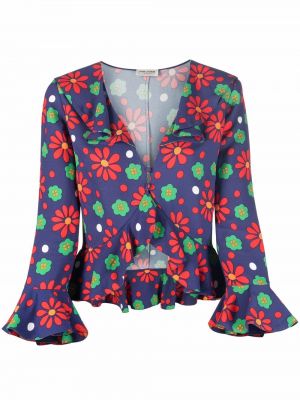 Ruffle trykt floral bluse Saint Laurent blå