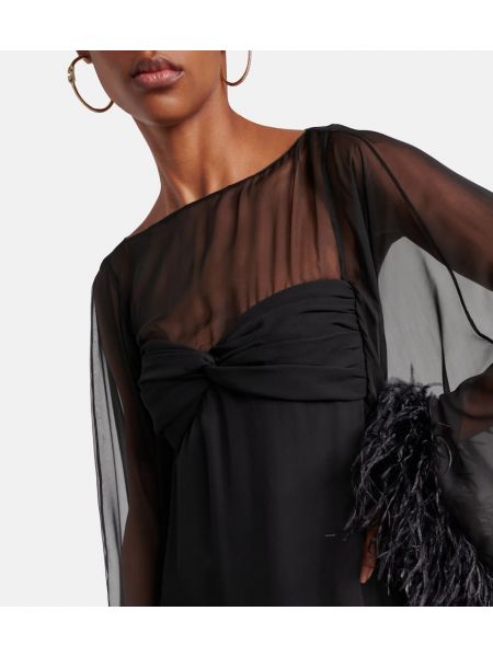 Svilena dolga obleka s perjem Valentino črna