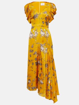 Satynowa sukienka midi w kwiatki Erdem żółta