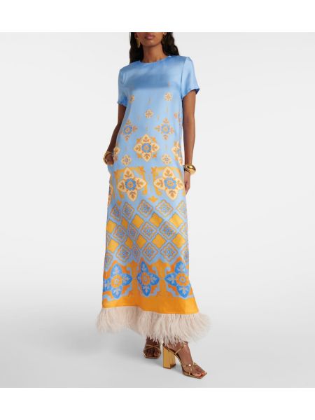 Hodvábne dlouhé šaty s perím s potlačou La Doublej modrá