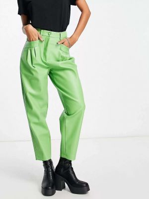 Плиссированные кожаные брюки с высокой талией Miss Selfridge зеленые