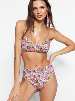 Bikini cu model floral Trendyol roz