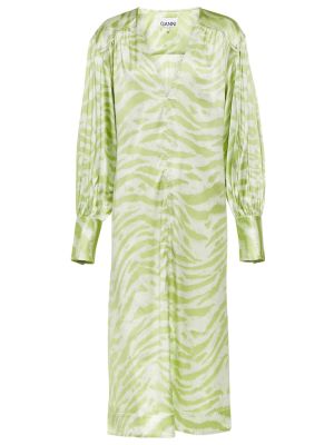 Hedvábné midi šaty s potiskem se zebřím vzorem Ganni zelené