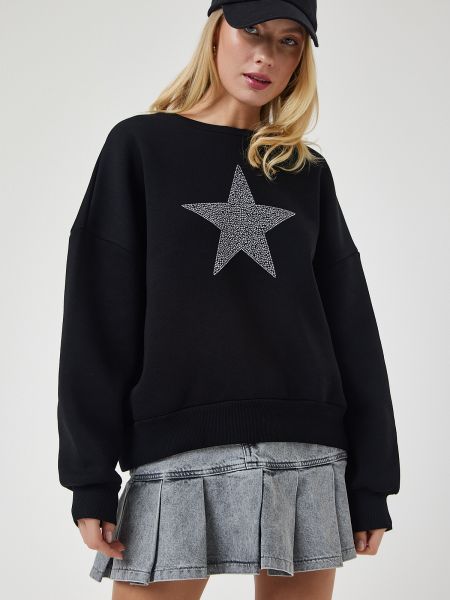Hanorac cu broderie tricotate cu stele Happiness İstanbul negru