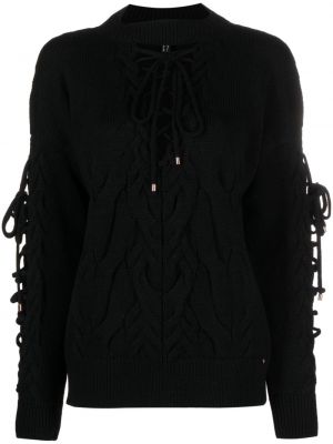 Nėriniuotas vilnonis megztinis su raišteliais Nissa juoda