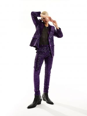 Бархатные брюки с пайетками скинни Asos фиолетовые