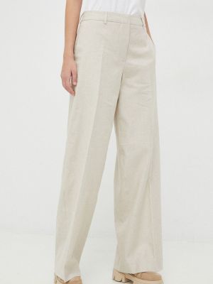 Lniane spodnie z wysoką talią Calvin Klein beżowe