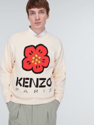 Памучен пуловер на цветя Kenzo бяло