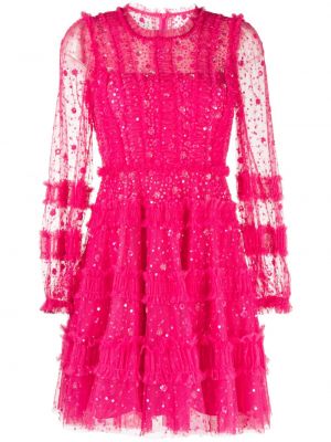 Mini šaty s dlouhými rukávy Needle & Thread růžové